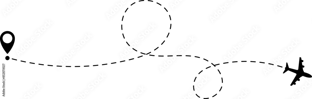 Air plane flight route with start and end point and dash line trace - Airplane line path vector icon Air plane flight route with start and end point and dash line trace - Airplane line path vector icon