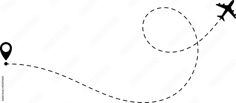 Air plane flight route with start and end point and dash line trace - Airplane line path vector icon Air plane flight route with start and end point and dash line trace - Airplane line path vector icon