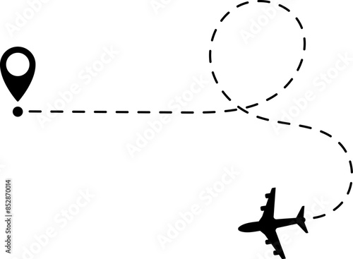 Air plane flight route with start and end point and dash line trace - Airplane line path vector icon