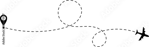 Air plane flight route with start and end point and dash line trace - Airplane line path vector icon