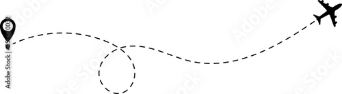 Air plane flight route with start and end point and dash line trace - Airplane line path vector icon