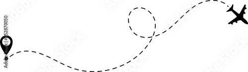 Air plane flight route with start and end point and dash line trace - Airplane line path vector icon