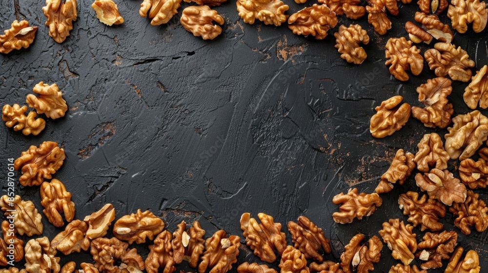 Organic walnuts arranged on dark background top view with space for text Organic walnuts arranged on dark background top view with space for text