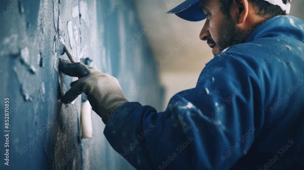 a man wearing a blue hard helmet and blue work clothes who was painting a wall a man wearing a blue hard helmet and blue work clothes who was painting a wall