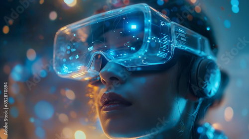 Cinematic Closeup of Holographic Augmented Reality Helmet with Digital Elements Floating in Space, Capturing Detailed Facial Expressions and Virtual Interactions for an Immersive Experience © jiacheng