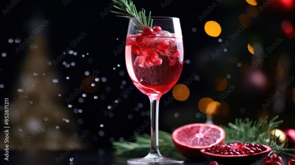 close-up of a glass filled with red juice, decorated with red berries and rosemary close-up of a glass filled with red juice, decorated with red berries and rosemary