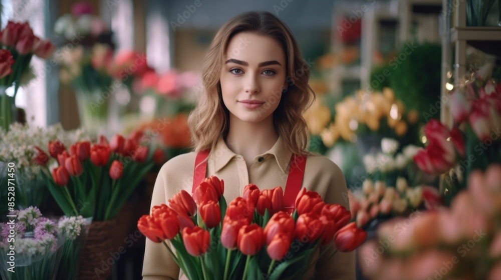 a woman standing in front of various colorful flowers and holding a bunch of red tulips. a woman standing in front of various colorful flowers and holding a bunch of red tulips.