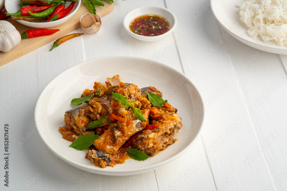 Stir Fry Thai Basil with Canned sardine fish in white plate.Thai food.quick dish menu. Stir Fry Thai Basil with Canned sardine fish in white plate.Thai food.quick dish menu.