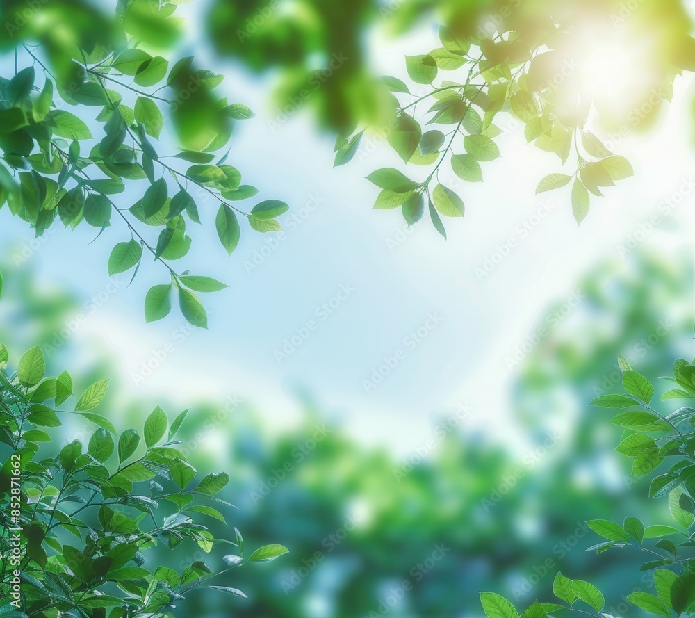 Bright, airy background with green leaves, clear blue sky Bright, airy background with green leaves, clear blue sky