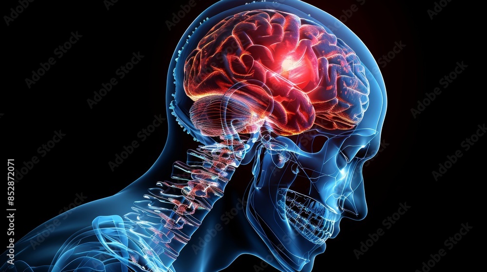 A 3D illustration of a human skull with a highlighted brain, representing the concept of brain health or neurological conditions. A 3D illustration of a human skull with a highlighted brain, representing the concept of brain health or neurological conditions.