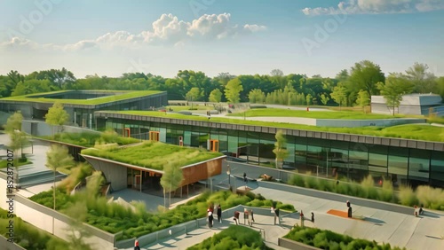 Aerial perspective of a modern building showcasing an eco-friendly green roof, An innovative school design featuring green roofs and communal outdoor spaces photo