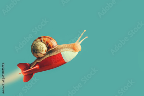 Snail riding missile as speed up concept. AI generative art