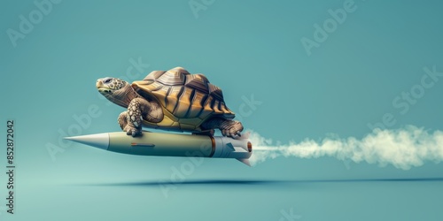 Tortoise riding missile as speed up concept. AI generative art