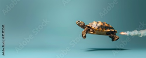 Flying tortoise with jet flame trail. AI generative art