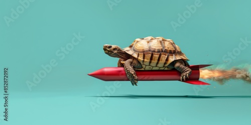 Tortoise riding rocket as speed up concept. AI generative art