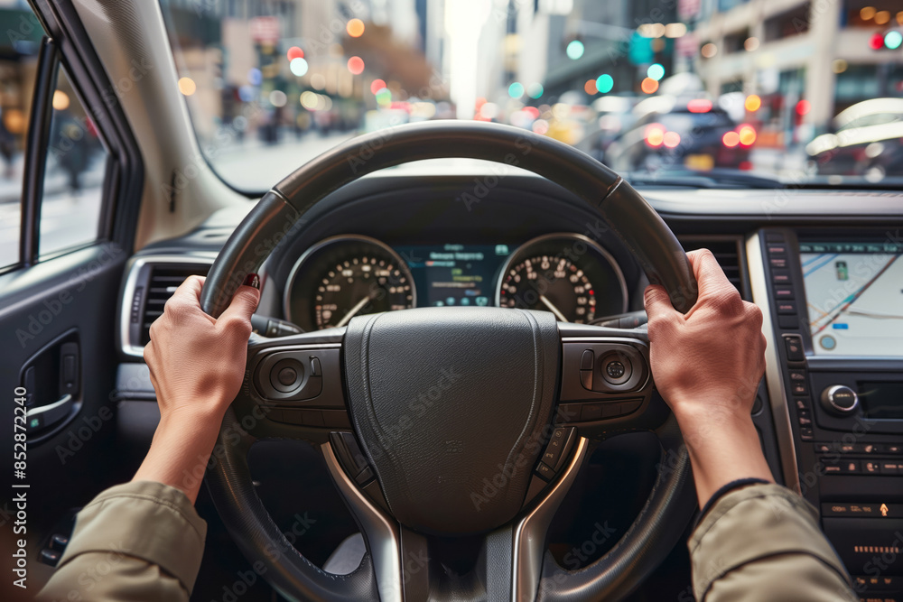 A woman safely drives through an urban city road, using a digital navigation system for guidance. Captured from inside a modern car A woman safely drives through an urban city road, using a digital navigation system for guidance. Captured from inside a modern car