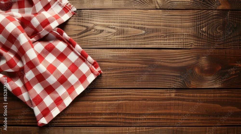 Background with checkered napkin on wooden table Background with checkered napkin on wooden table
