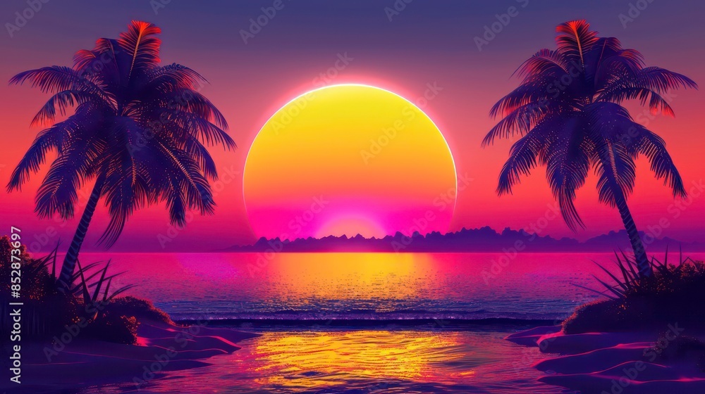 80s retro sunset, palm trees on both sides, neon orange, yellow, purple, and blue. Generative AI 80s retro sunset, palm trees on both sides, neon orange, yellow, purple, and blue. Generative AI