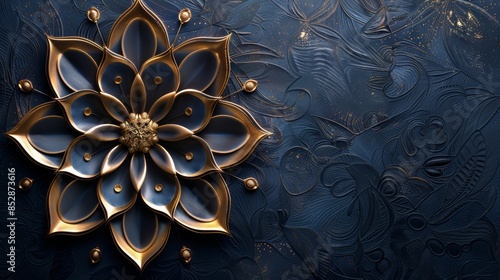 A golden flower with intricate details against a dark blue patterned background.