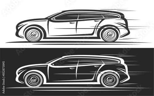 Vector logo for Station Wagon Car, automotive decorative banners with contour illustration of monochrome long motor car in moving, urban line art running station wagon on black and white background