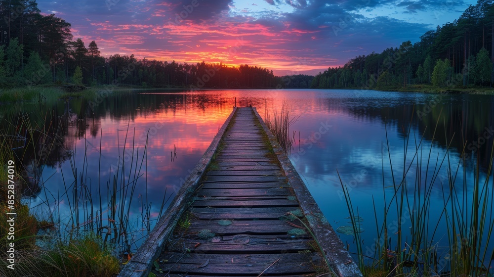 Sunset Over a Tranquil Lake with Wooden Dock Sunset Over a Tranquil Lake with Wooden Dock
