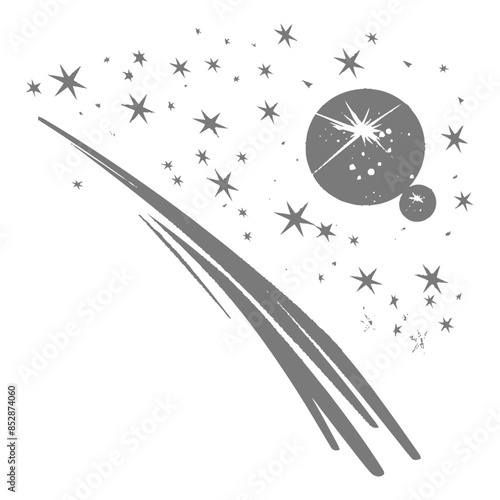 Stylized Comet Trail with Planets and Scattered Stars, Gray Vector on White.