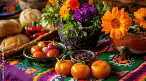 Wallpaper Mural Guaguas de pan and colada morada displayed on a vibrant tablecloth showcasing the traditional cuisine of Ecuador during the Day of the Dead celebration Torontodigital.ca