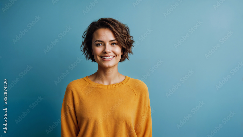 Donna con capelli corti sorride e indossa un maglione giallo in uno studio fotografico con sfondo azzurro Donna con capelli corti sorride e indossa un maglione giallo in uno studio fotografico con sfondo azzurro