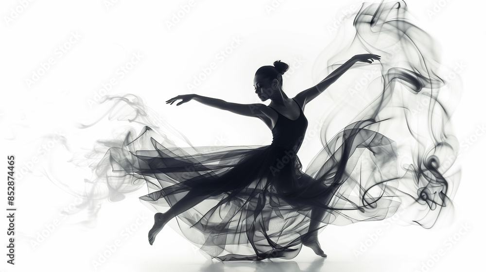 Fototapeta premium Dancer in dynamic pose with smoke dress isolated on white