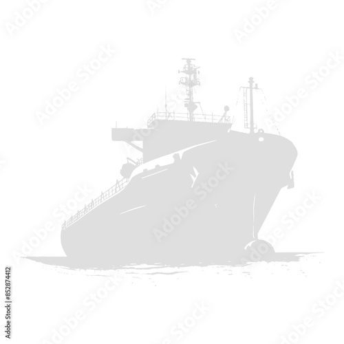 Ghost Ship: Industrial Vessel Silhouette, Faded Gray on White.
