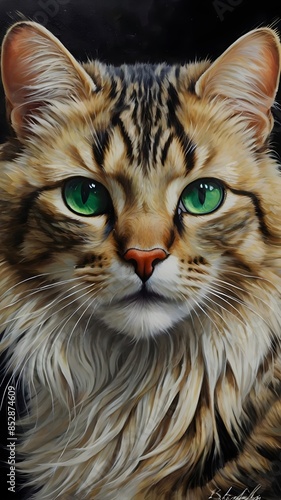 A chic, realistic painting of an elegant feline with ebony and ivory fur, emerald eyes, and exquisite detail captivates viewers. photo