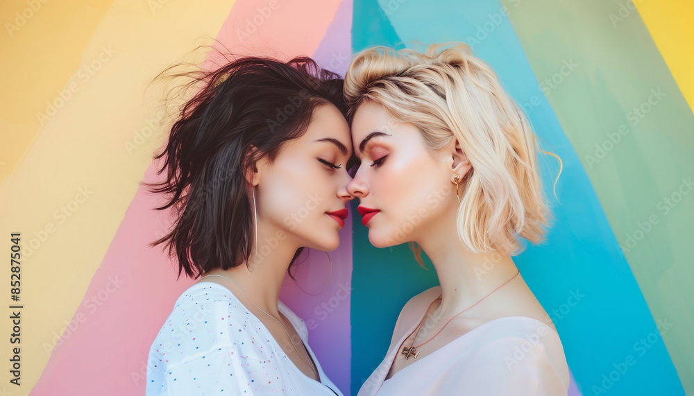 Lesbian couple on pastel background Lesbian couple on pastel background