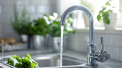 hmodern water tap in the kitchen. White background. sunny.  photo