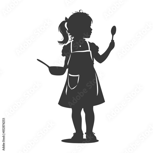 Silhouette of Young Girl in Apron Holding Pan and Spoon, Pretending to Cook.