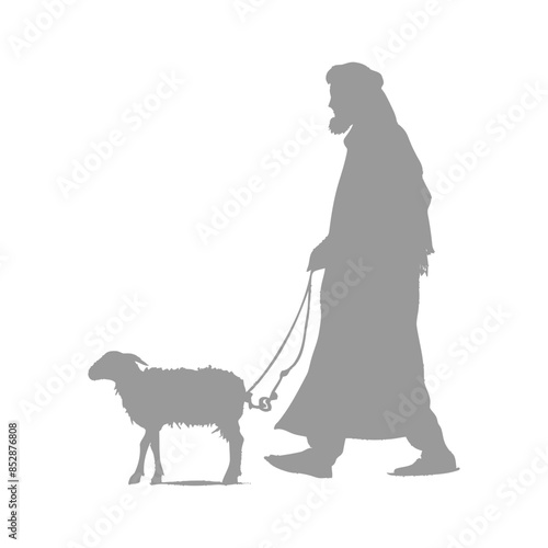Silhouette of Arab Man Leading Sheep: Traditional Middle Eastern Herder.