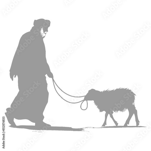 Gray Silhouette: Bedouin Leading Sheep on Leash, Abstract Middle Eastern Scene.