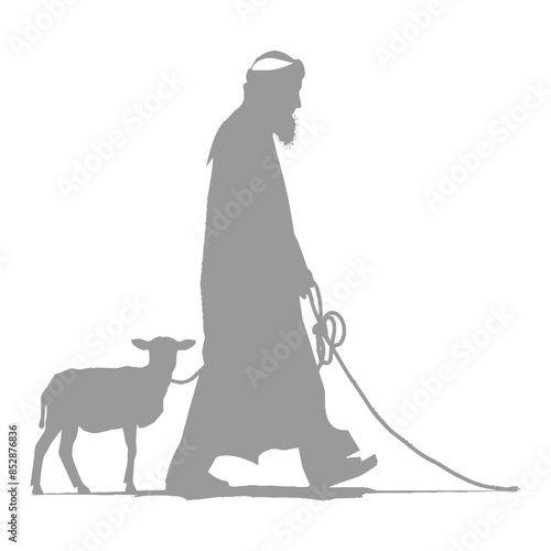 Shepherd Silhouette: Ancient Figure Walking Lamb, White Background