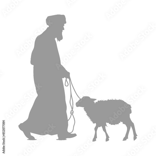 Shepherd Silhouette: Leading Sheep with Rope, Traditional Garb, White Background