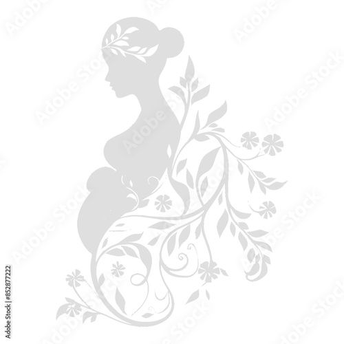Floral Embrace: Pregnant Woman Silhouette with Leafy Ornamentation.