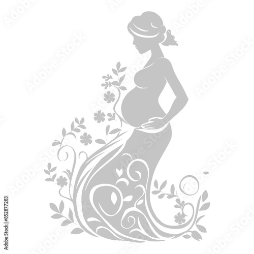 Pregnant Woman Silhouette with Floral Gown and Tendrils.