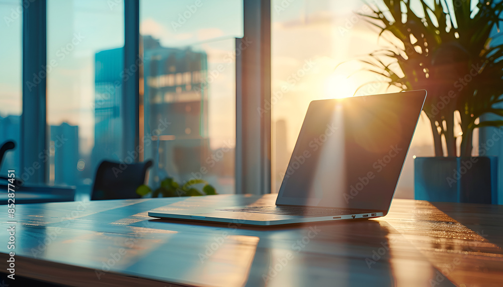 Fototapeta premium Openned Laptop on a Desk in a Modern Office. Sunlight Streams Through Windows