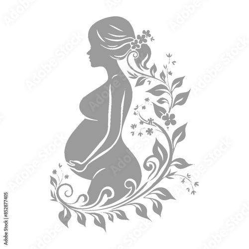 Pregnant Woman Silhouette with Floral Ornament, Motherhood Illustration.