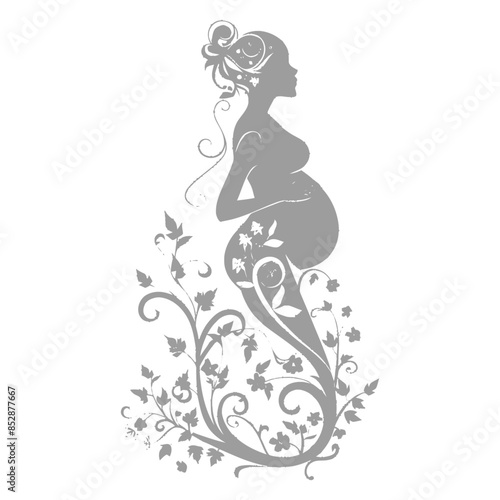 Elegant Gray Pregnancy Silhouette with Floral Flourish.