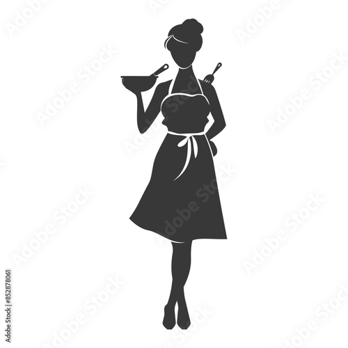 Silhouette of a Woman Baker in Apron Holding Bowl and Rolling Pin