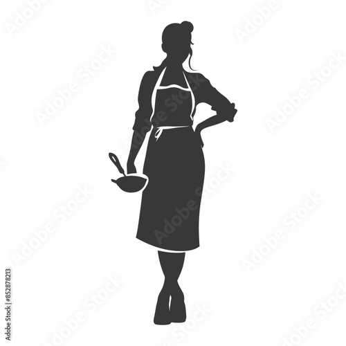 Silhouette: Retro Housewife in Apron, Wok and Ladle, Hand on Hip.