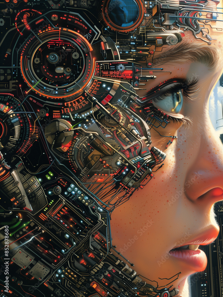 Close-up of a woman's face with detailed cybernetic implants and circuitry Close-up of a woman's face with detailed cybernetic implants and circuitry