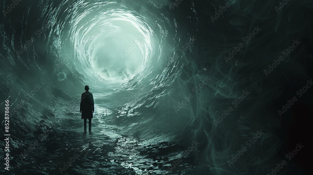 Obraz premium Illustration of a person experiencing horror in a surreal, dark environment