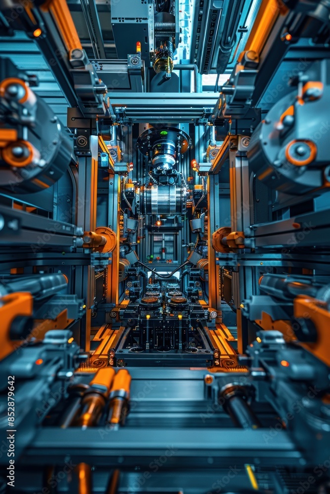 Hightech manufacturing plant, modern equipment, top view, focusing on machinery, cybernetic tone, Triadic Color Scheme Hightech manufacturing plant, modern equipment, top view, focusing on machinery, cybernetic tone, Triadic Color Scheme