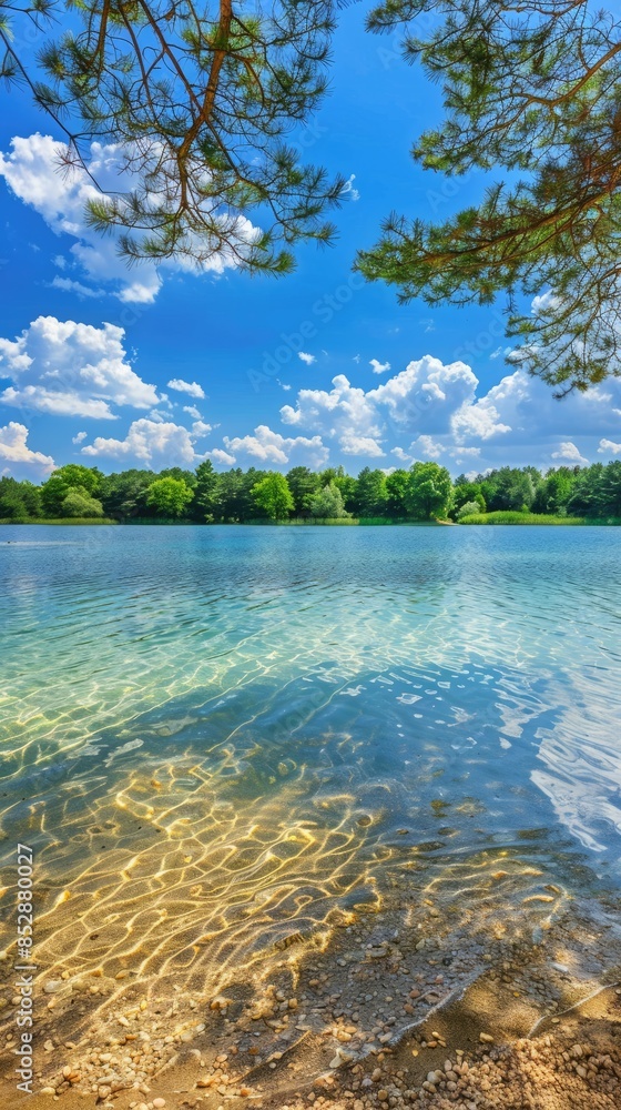 a beautiful forest lake surrounded by tall trees, with a clear blue sky and calm water, showing the shore and distant hills covered in pine forests. a beautiful forest lake surrounded by tall trees, with a clear blue sky and calm water, showing the shore and distant hills covered in pine forests.