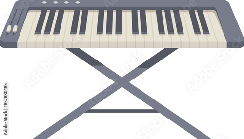 Electronic piano keyboard standing on an x shaped stand, musical instrument for creating sound and melodies